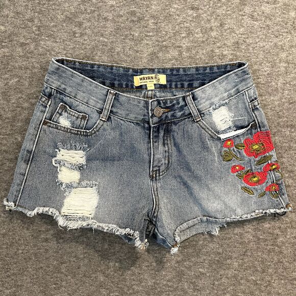 WAYAN | Raw Edge Denim Jean Shorts Floral Embroidery L/G Waist 27 Daisy Dukes - Picture 1 of 12